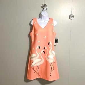 Julian Taylor fitted shift dress, NWT, size 10, coral/pink w/ white flamingo